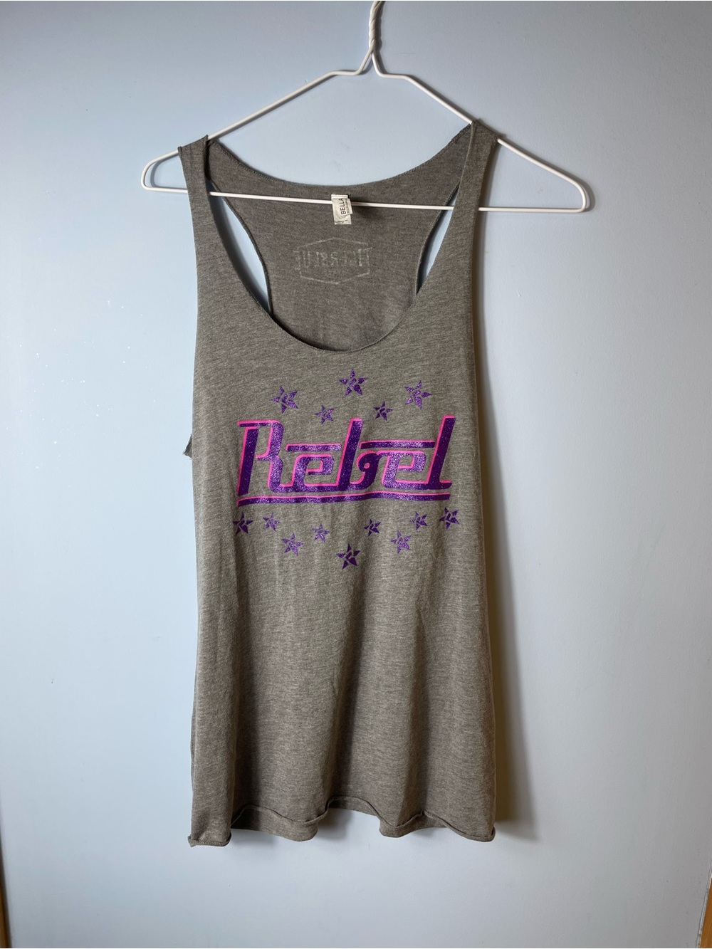 Bella Rebel Athletics Graphic Racerback Tank Top Gray Purple Metallic Logo